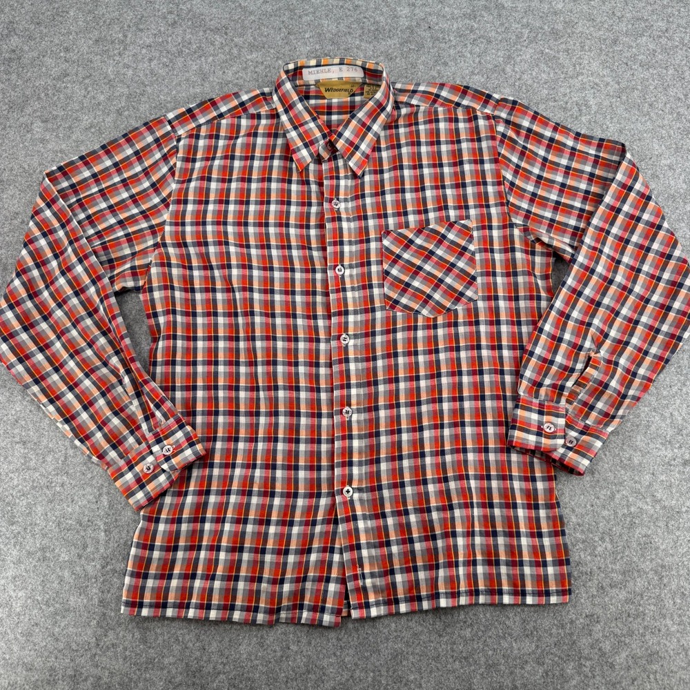 Vintage Wedgefield Mens Plaid Button Down Shirt Red Orange Navy Size M
